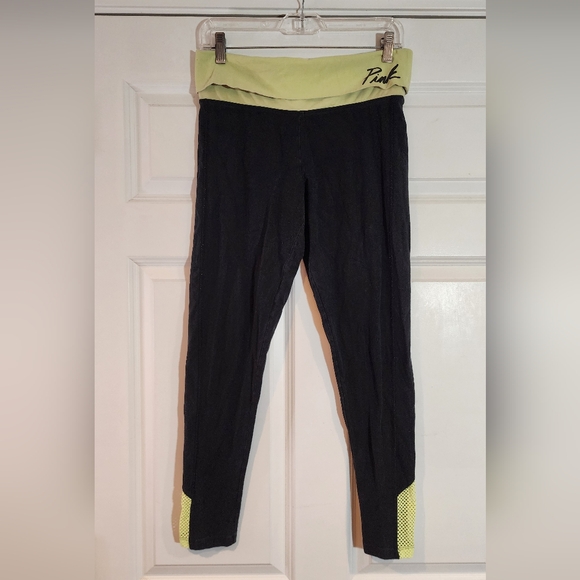 PINK Victorias Secret Black And Yellow Foldover Yoga Leggings M - Picture 1 of 5